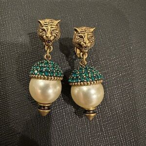 Gucci Gold-Tone Green Crystal & Pearl Drop Earrings